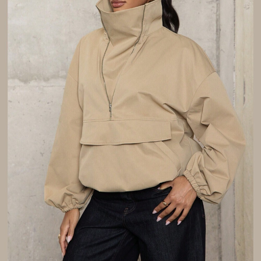 Tan Funnel Neck Half-Zip Oversized Pullover Anorak Jacket